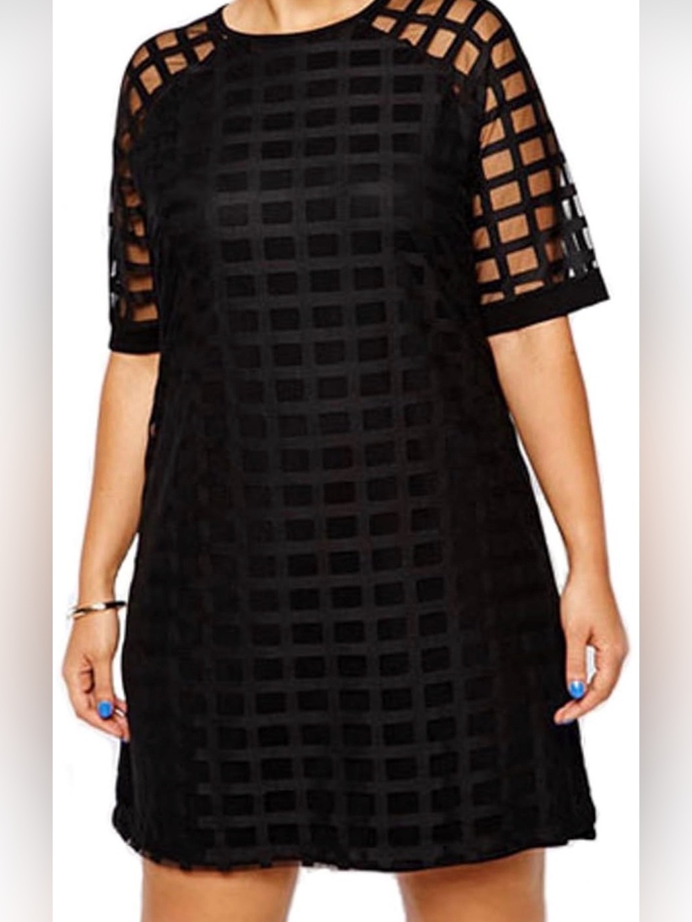 Black Grid Mesh Short Sleeve Women’s Dress